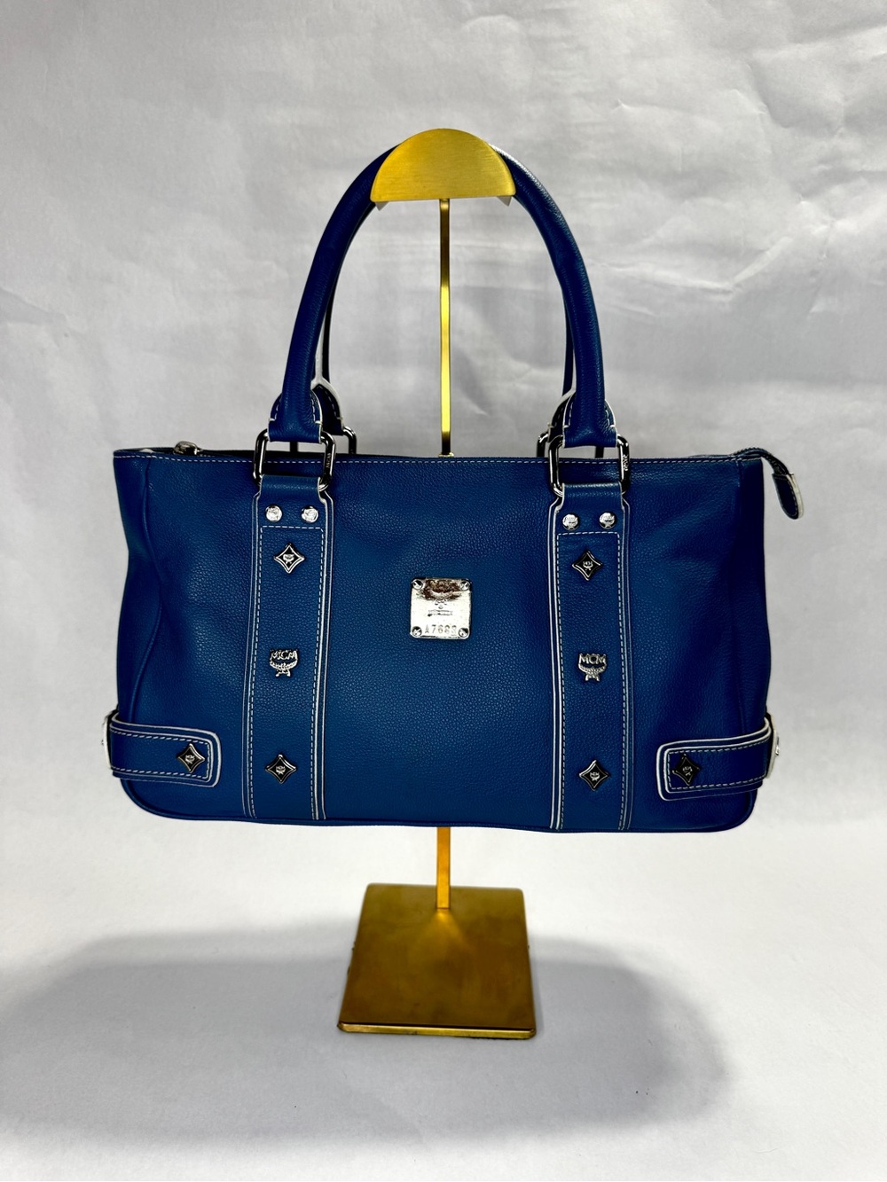 MCM Blue Leather Studded Tote Satchel Bag Silver Hardware